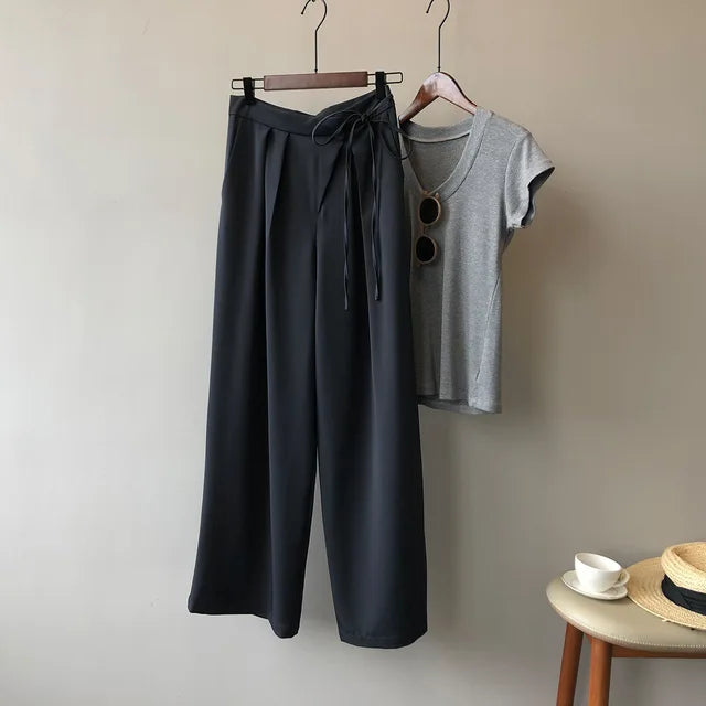 Casual effen kleur damesbroek met wijde pijpen