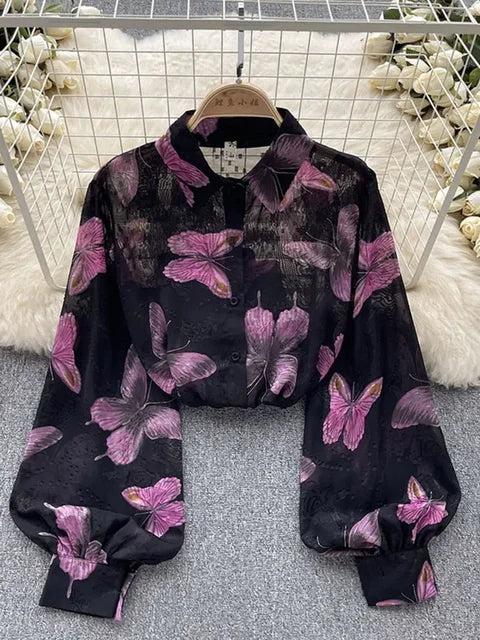Retro Chiffon Floral Blouse met pof mouw