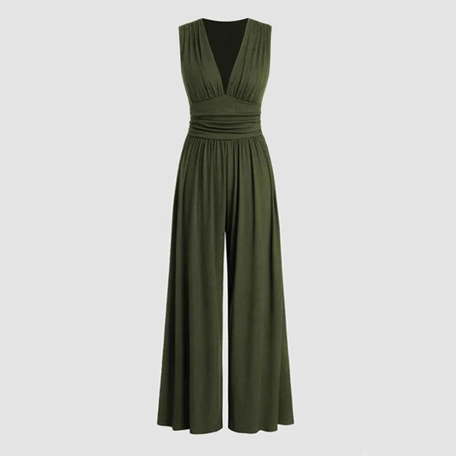 Sexy effen Jumpsuit, mouwloos en diepe v-hals met wijde pijpen