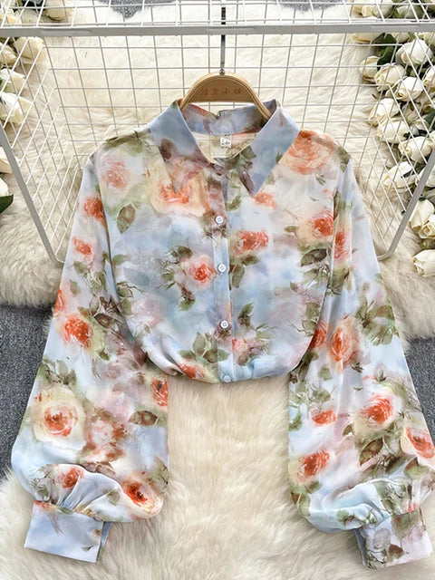Retro Chiffon Floral Blouse met pof mouw