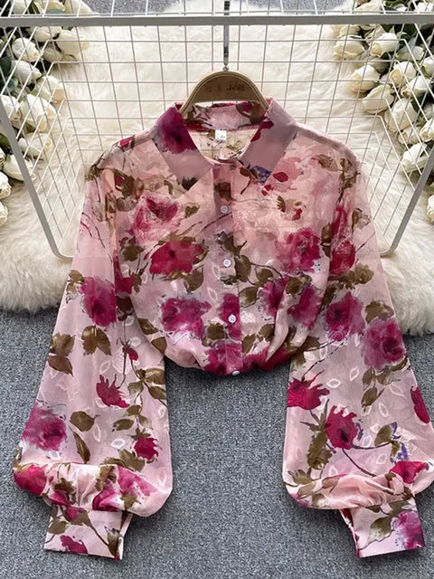 Retro Chiffon Floral Blouse met pof mouw