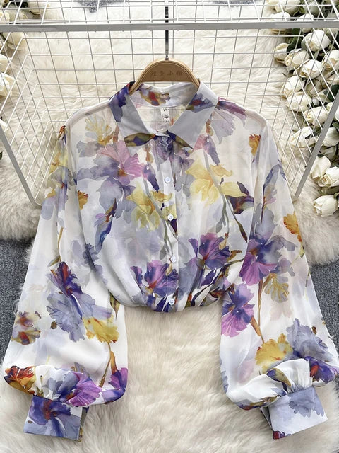 Retro Chiffon Floral Blouse met pof mouw