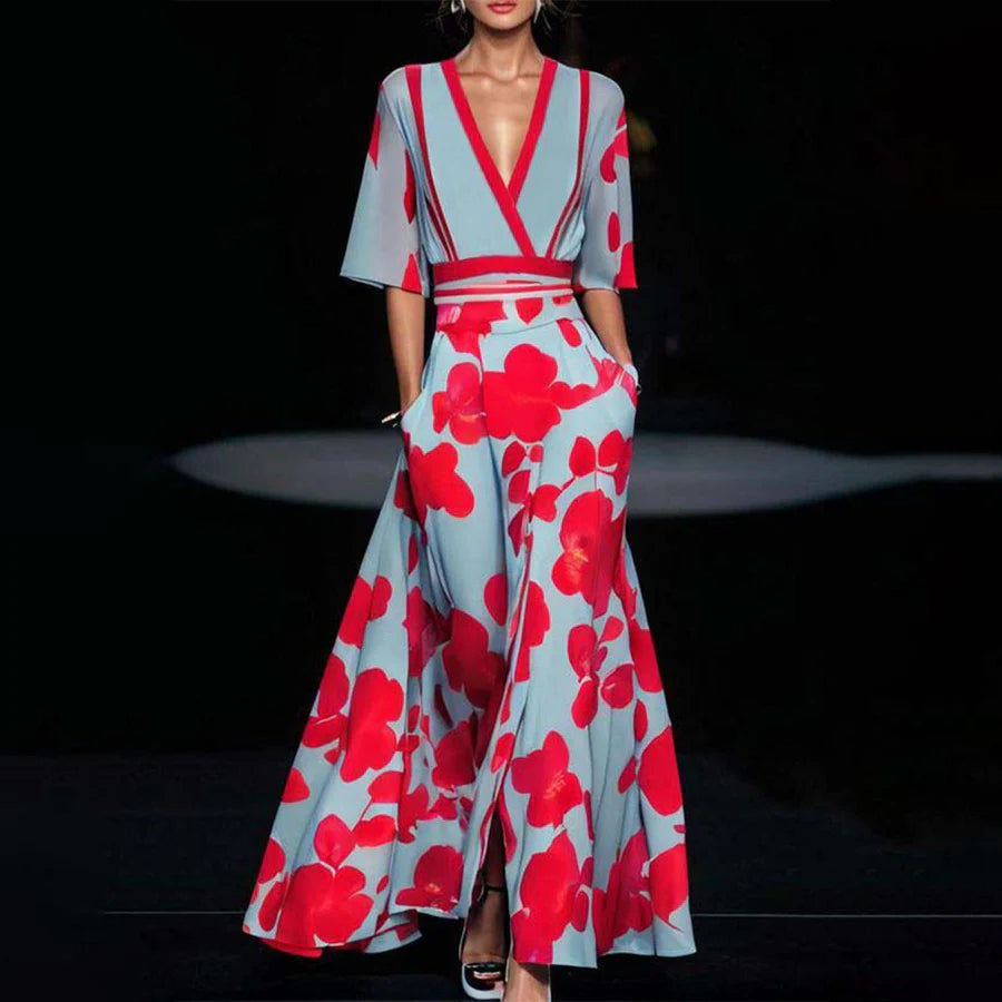 elegante jurk met V-Hals Geplooide Tailleband Met Korte Mouwen