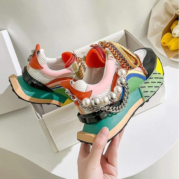Nieuwe Lace Up Parel Ketting Decoratieve Vrouwen Platform Sneakers