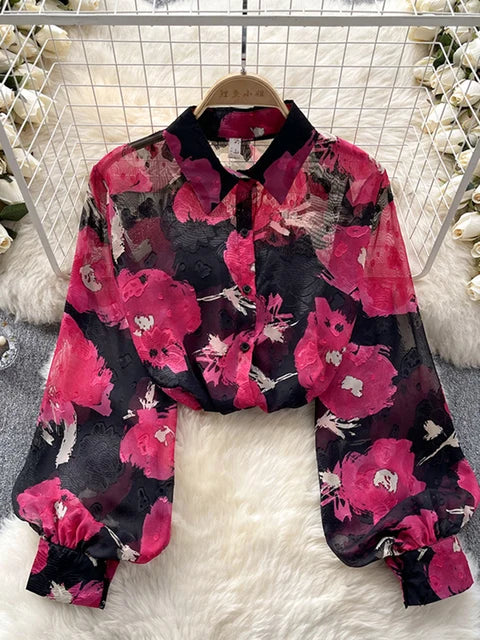 Retro Chiffon Floral Blouse met pof mouw