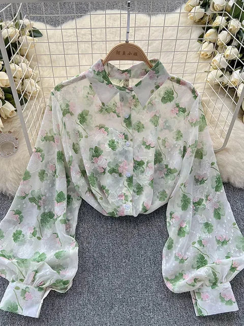 Retro Chiffon Floral Blouse met pof mouw