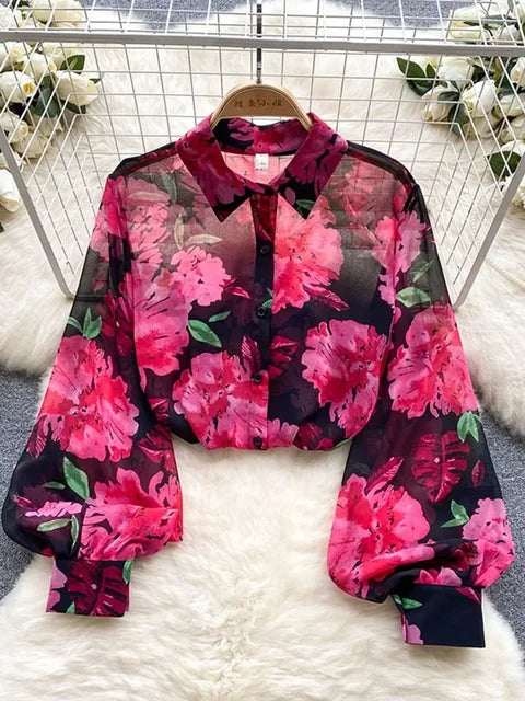 Retro Chiffon Floral Blouse met pof mouw