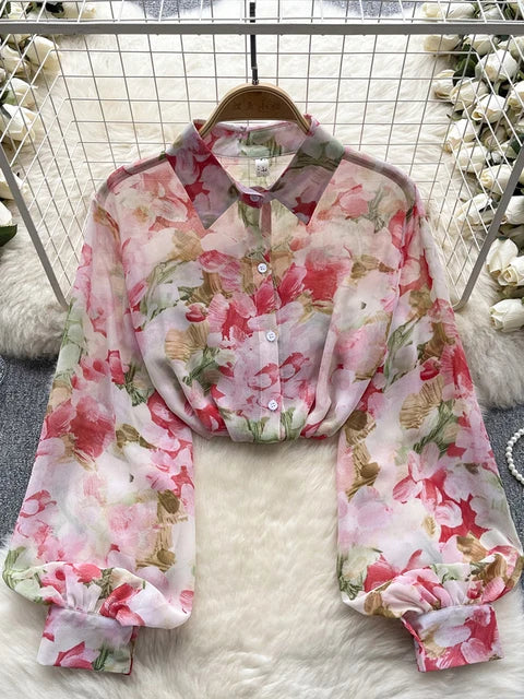 Retro Chiffon Floral Blouse met pof mouw