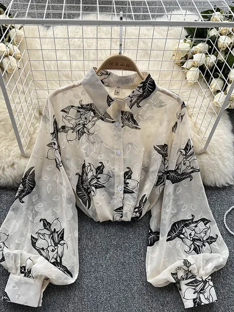 Retro Chiffon Floral Blouse met pof mouw