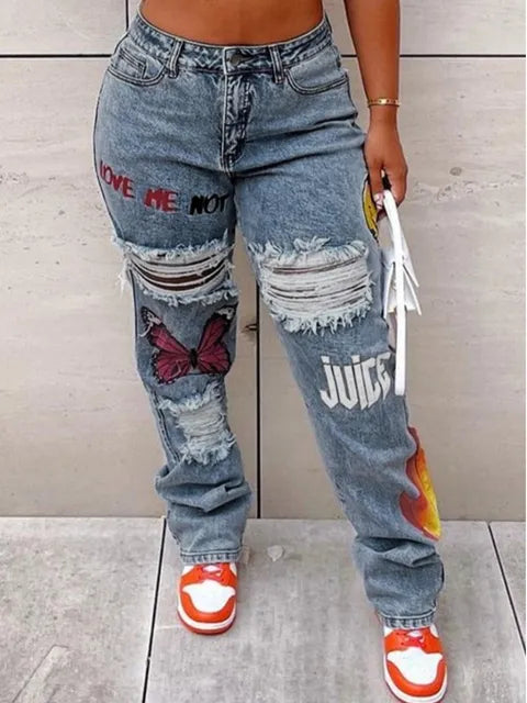 Broken-Hole Plus Size High Waist Jeans for kvinner 