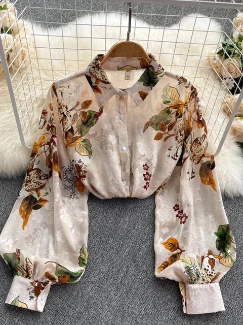 Retro Chiffon Floral Blouse met pof mouw