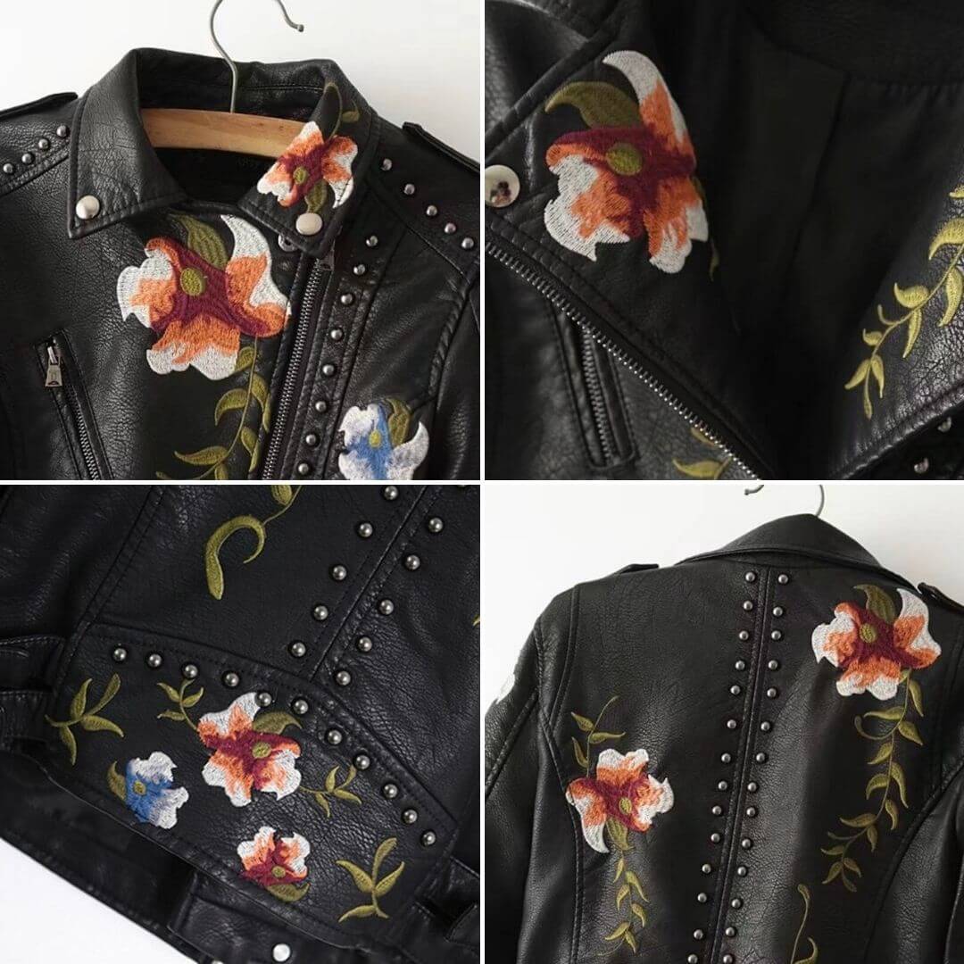 Brodert jakke i imitert skinn med blomstertrykk