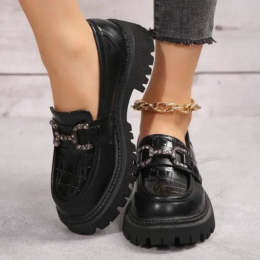 Loafers i ny stil, skinn-slip-on flat tykk såle 