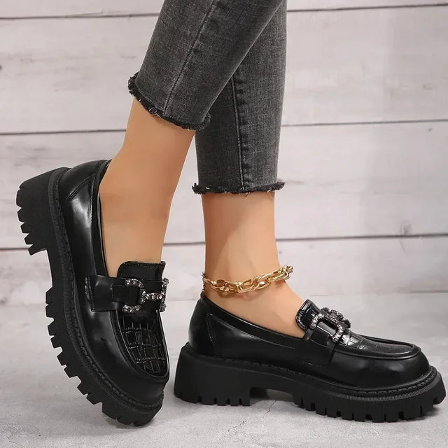Loafers i ny stil, skinn-slip-on flat tykk såle 