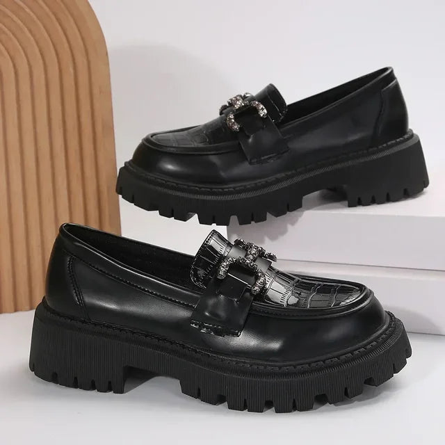 Loafers i ny stil, skinn-slip-on flat tykk såle 