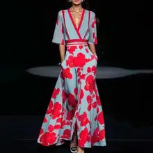 elegante jurk met V-Hals Geplooide Tailleband Met Korte Mouwen