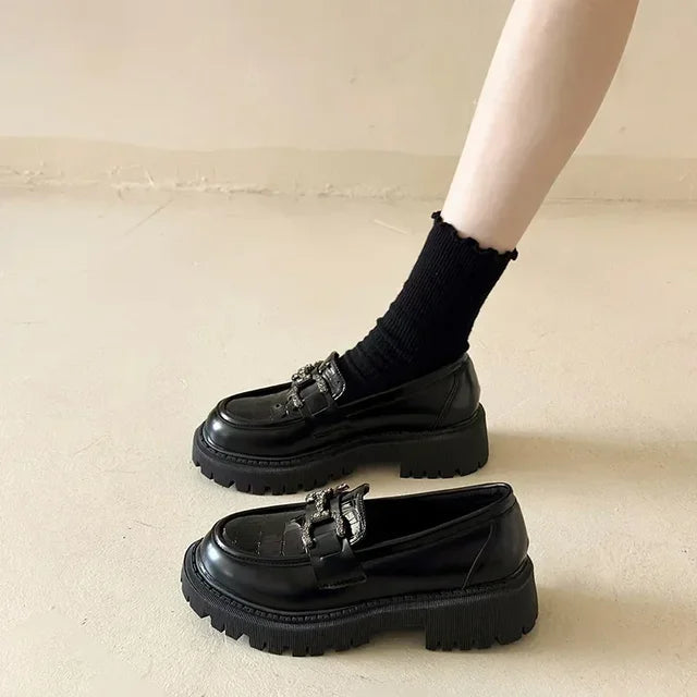 Loafers i ny stil, skinn-slip-on flat tykk såle 