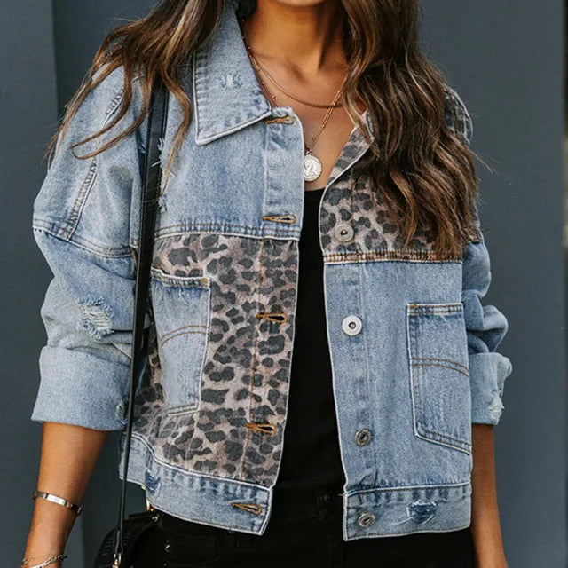 Jeansjakke Damestil Panther Print Stitching Lapel 