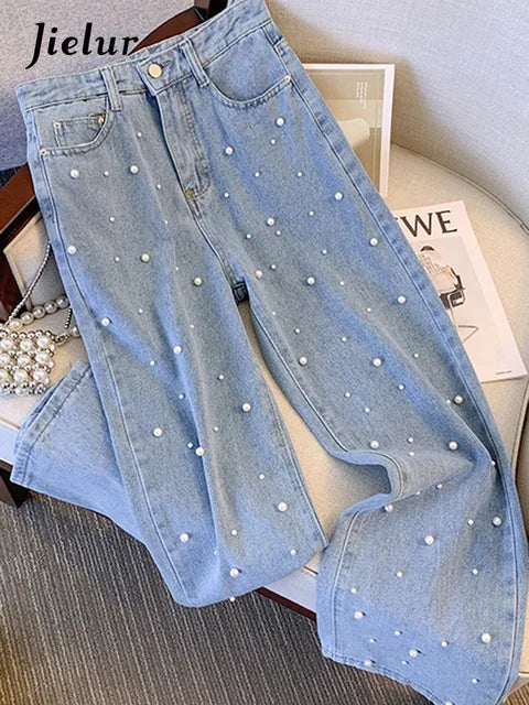 Parel Chique Damesjeans Hoge Taille,  Losse wijde Pijpen Broek