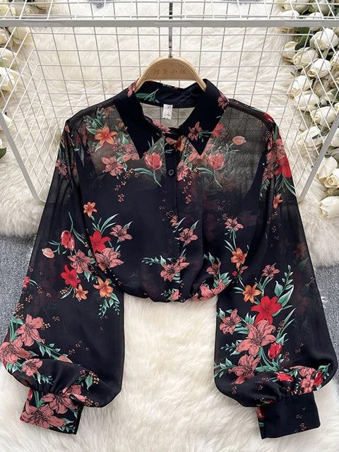 Retro Chiffon Floral Blouse met pof mouw