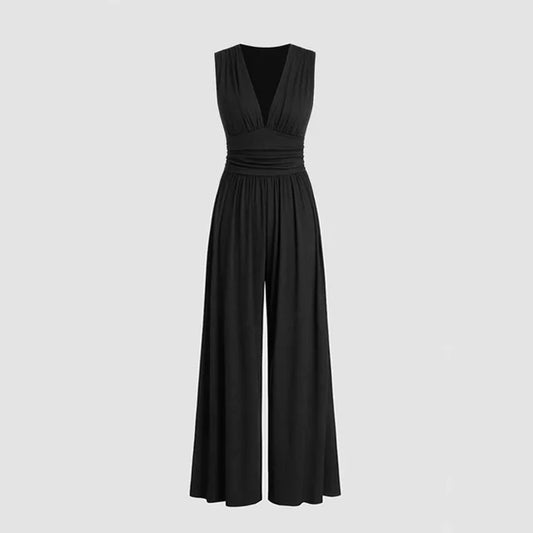 Sexy effen Jumpsuit, mouwloos en diepe v-hals met wijde pijpen