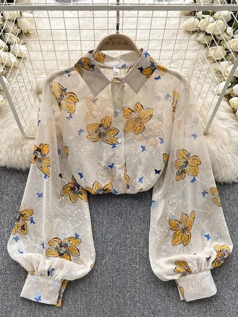 Retro Chiffon Floral Blouse met pof mouw