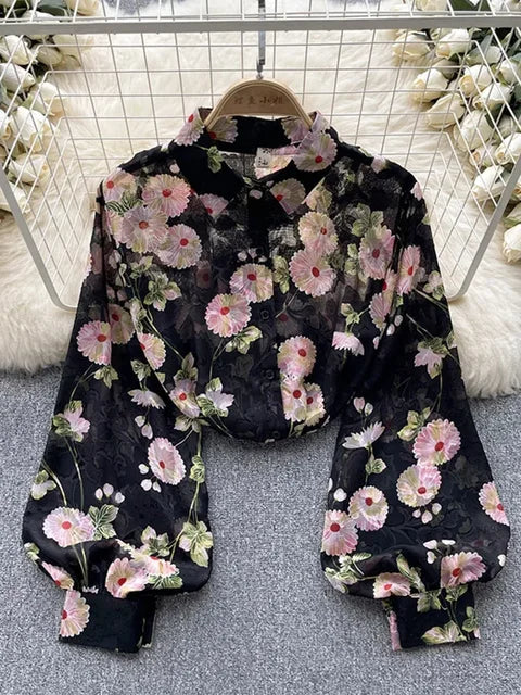 Retro Chiffon Floral Blouse met pof mouw