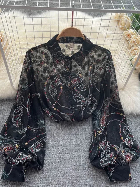Retro Chiffon Floral Blouse met pof mouw