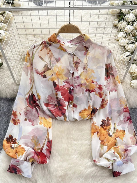 Retro Chiffon Floral Blouse met pof mouw