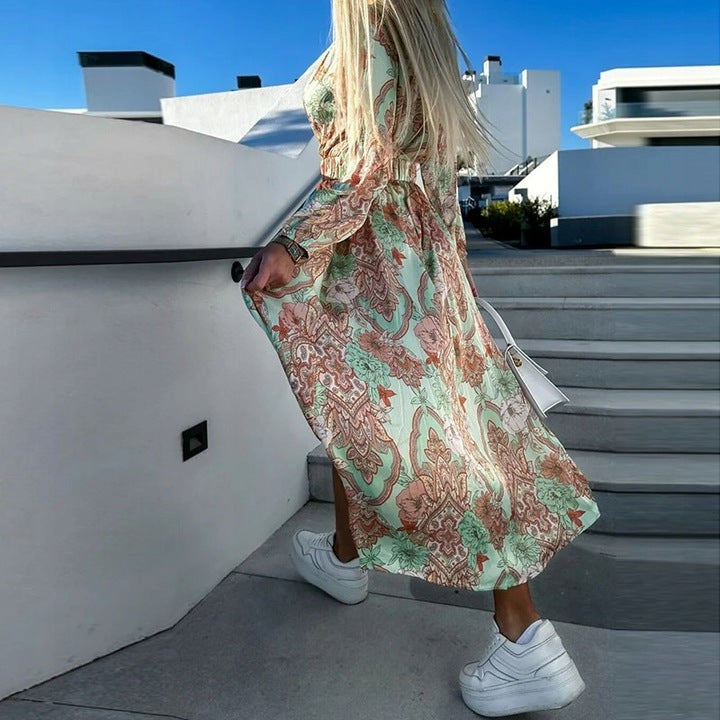 Nieuwe Lente/Zomer V-Hals Print Jurk met Lange Mouwen Riem en Split