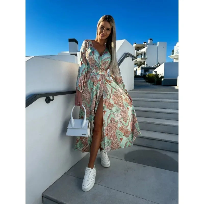 Nieuwe Lente/Zomer V-Hals Print Jurk met Lange Mouwen Riem en Split