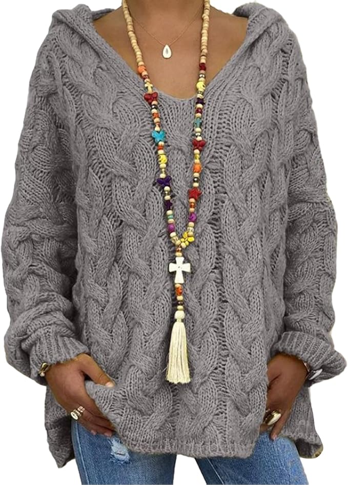 Gezellige kabel trui met capuchon, Loose Fit