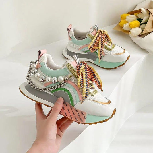 Nieuwe Lace Up Parel Ketting Decoratieve Vrouwen Platform Sneakers